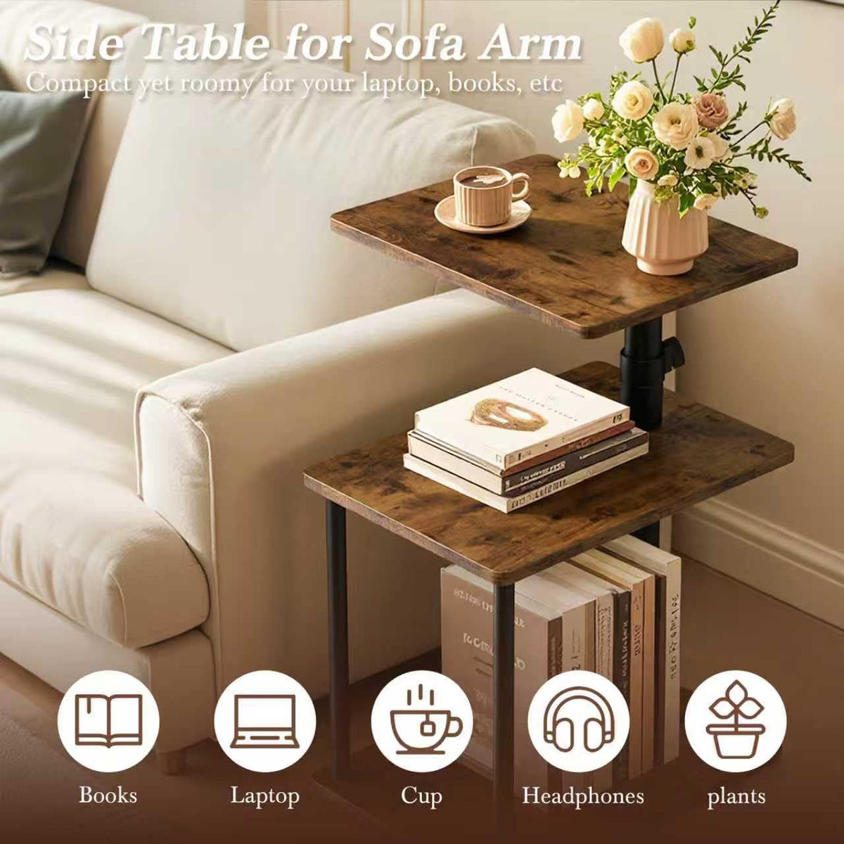 360° Swivel Side Table for Height Adjustable, C Shaped End Table for Couch with Storage, 3-Tier Night Stand with Open Shelf, Tv Tray for Small Spaces, Living Room, Bedroom, Rustic Brown - Image 4