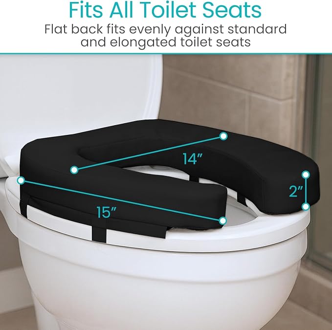 Vive Toilet Seat Cushion (Soft Cushioned Foam) - Easy Clean Padded Bathroom | Attachment - Elongated, Standard Seats - Comfort and Support Donut for Handicap, Adults (2" Cushioned Foam, Black) - Image 5