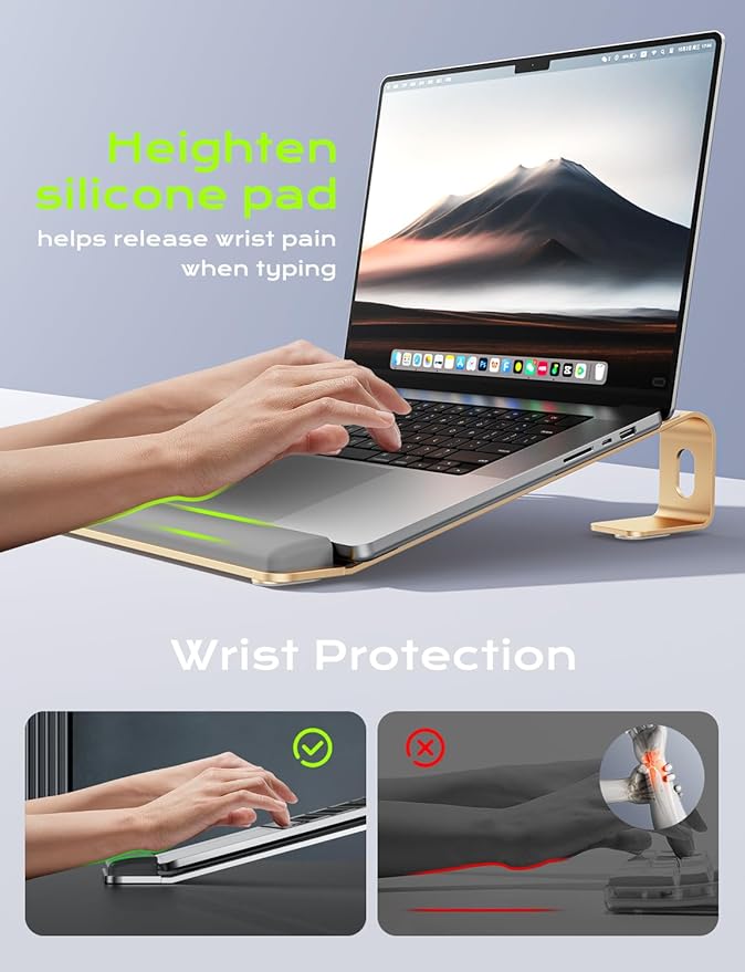 JCZT Aluminum Laptop Stand, Laptop Riser with Wrist Rest, Gold | Ergonomic Detachable Portable Laptop Stand for Desk, Notebook Holder Compatible with MacBook Air Pro, All 10-17'' Laptops - Image 2