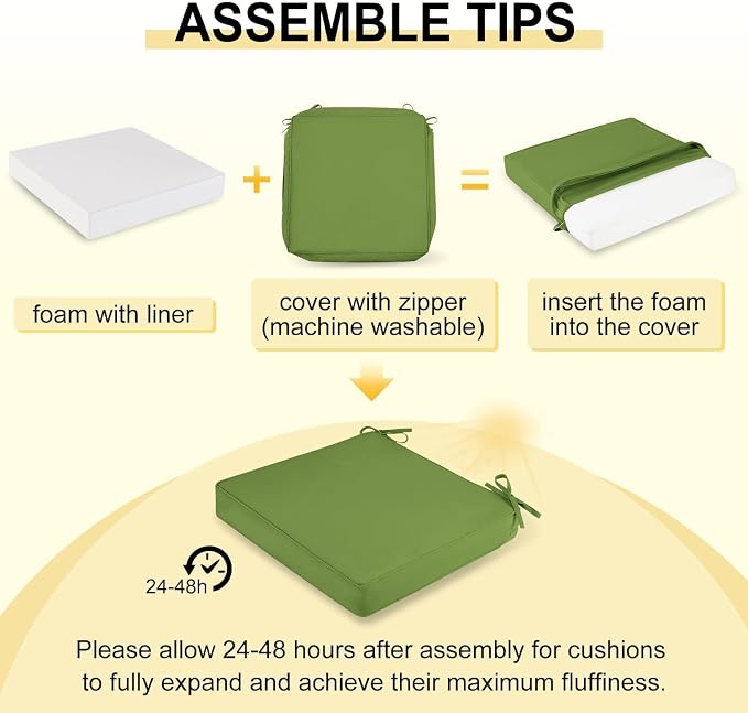 downluxe Waterproof Outdoor Chair Cushions Set of 2, 19" x 19" x 3" Patio Chair Cushion with Non-Slip Ties & Handle, Square Outdoor Cushion for Patio Furniture with Removable Cover, Grass Green - Image 7