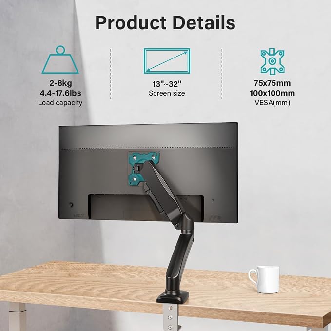 BFTOU Black Single Monitor Arm Adjustable Stand Monitor Mount up to 32 inches and 17.6 lbs, Computer Desk Mount with Clamp and Grommet Base - Image 7