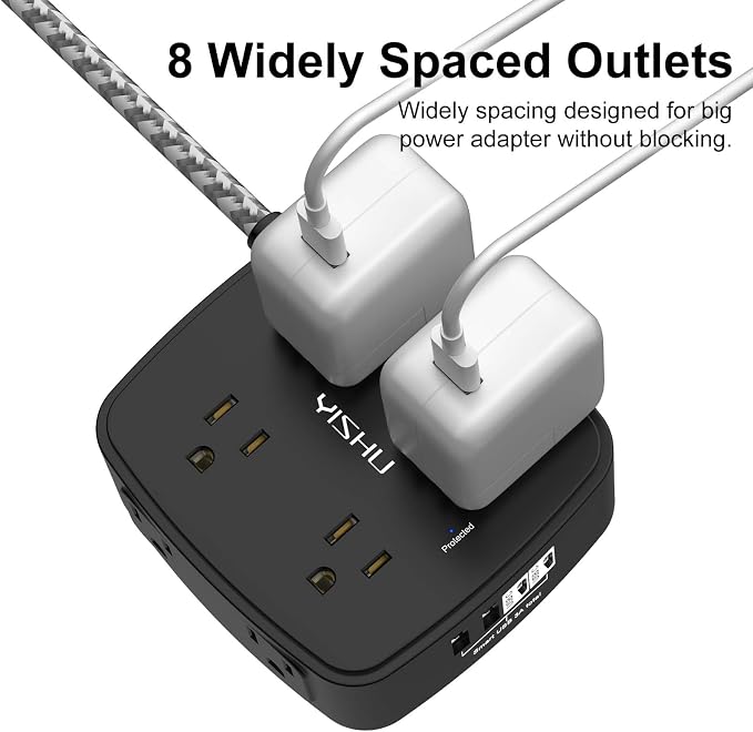 Surge Protector Power Strip - YISHU 8 Outlets with 4 USB (2 USB C) Charging Ports, 5Ft Braided Extension Cord, Flat Plug Multi Plug Outlet Extender Charging Station for Home Office, ETL, Black - Image 4