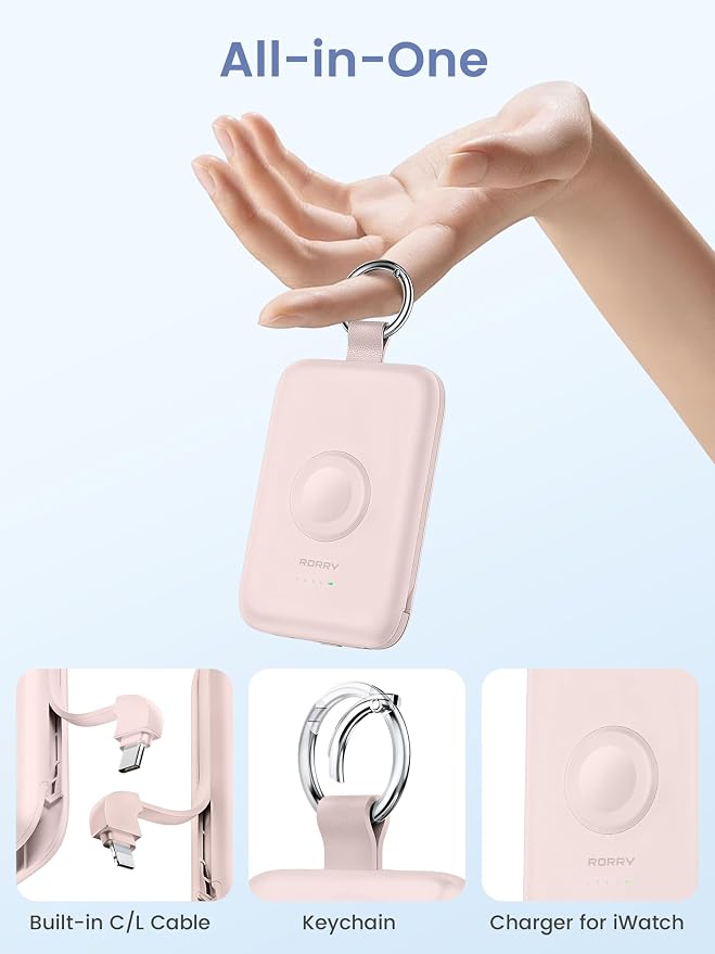 RORRY CharmGo Portable Charger, 10000mAh 20W Fast Charging Power Bank | Built-in Cables, Travel Keychain Battery Pack Essentions for Apple Watch 1~11 Series/Ultra/SE & iPhone Air/17/16/15/14/13/12 - Image 2