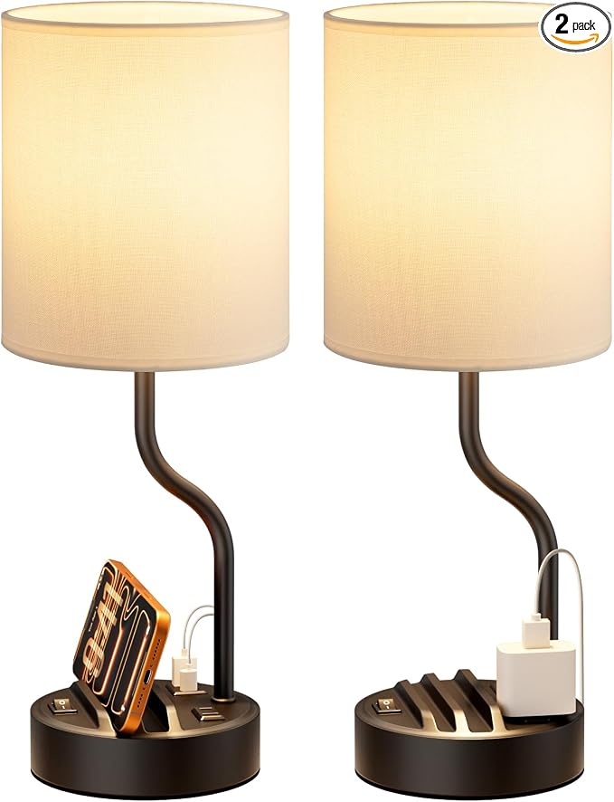Bedside Lamps for Bedroom Set of 2-18" Table Lamp for Nightstand | Phone Stand, USB A+C Ports, AC Outlet, 3 Color Temperatures, LED Bulb Included, Desk Lamp for Living Room/Dorm,2-Pack by Fenmzeelighting