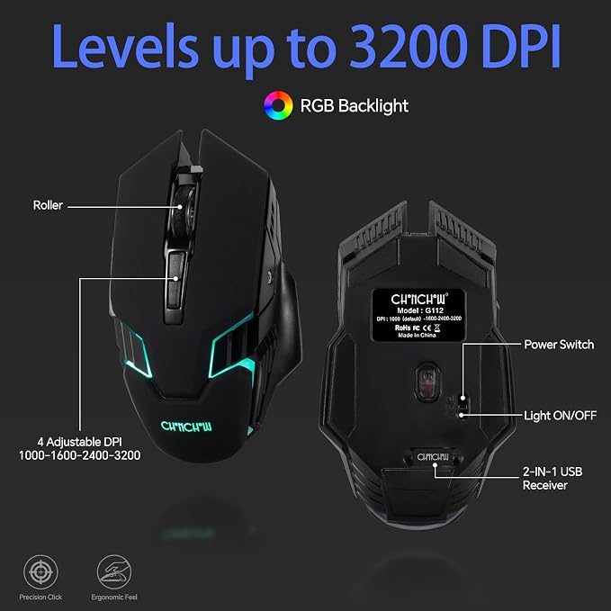 CHONCHOW USB Wireless Gaming Keyboard and Mouse Combo, RGB Backlit, 2.4GHz | LED Ergonomic Mechanical Feeling Keyboard, Rechargeable 2500mAh Battery, Anti-ghosting Keyboards 7D 3600DPI Mice for PC Gamer - Image 7