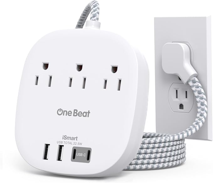Cruise Ship Travel Essentials, 3Ft Short Extention Cord, 22.5W/4.5A, White | 3 Outlets 4 USB Ports (2 USB C) Cruise Approved Power Strip Flat Plug No Surge Protection, Dorm Room Desktop Charging Station by OneBeat