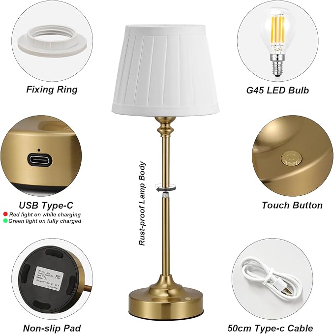 Cordless Table Lamp Rechargeable Gold - 1 Pack Brass 4000mAH Battery Operated Lamp for Decor, 3000K Stepless Dimming Touch Control Wireless Lamp for Bedroom, Dining Table, Counter, Living Room - Image 3