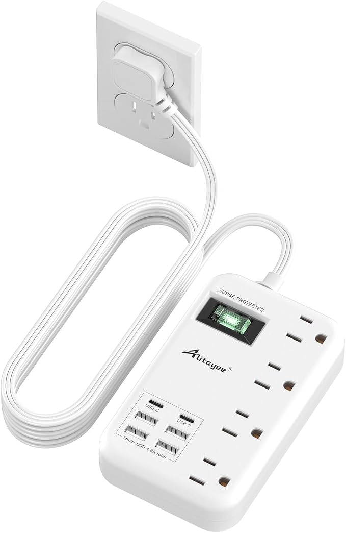 Alitayee 6 USB(2 USB C) Surge Protector Power Strip,4 AC Outlets, 6Ft Cord | 6 USB,24W USB Charging Station,4 Outlets,6Ft Flat Plug Extension Cord,Surge Protection,Switch,Wall Mounted,Travel Home Dorm by Alitayee