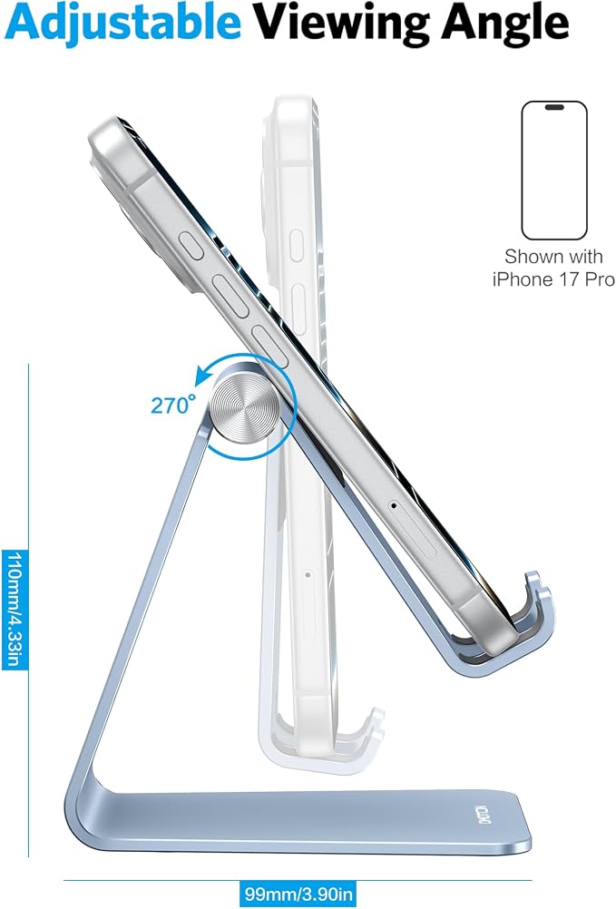 OMOTON Adjustable Cell Phone Stand, Aluminum Desktop Cellphone Stand with Anti-Slip Base and Convenient Charging Port, Fits All Smart Phones, Light Blue - Image 4