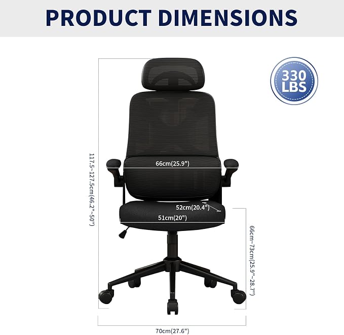 Ergonomic Office Chair - Desk Chair with Adjustable Headrest Lumbar Support Computer Chair - Mesh Comfy Chair with Flip-up Armrests - Gaming Chairs for Adults Home Office (Black+Black) - Image 3