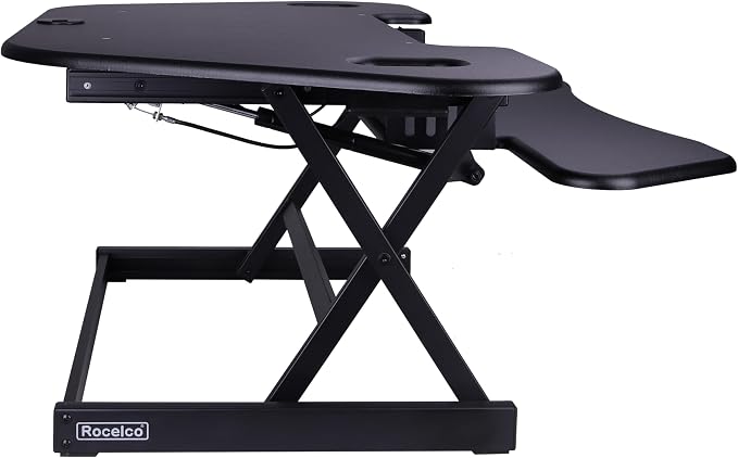 Rocelco 46" Height Adjustable Corner Standing Desk Converter - Quick Sit Stand Up Dual Monitor Riser - Gas Spring Assist Tabletop Computer Workstation - Large Keyboard Tray - Black (R CADRB-46) - Image 8