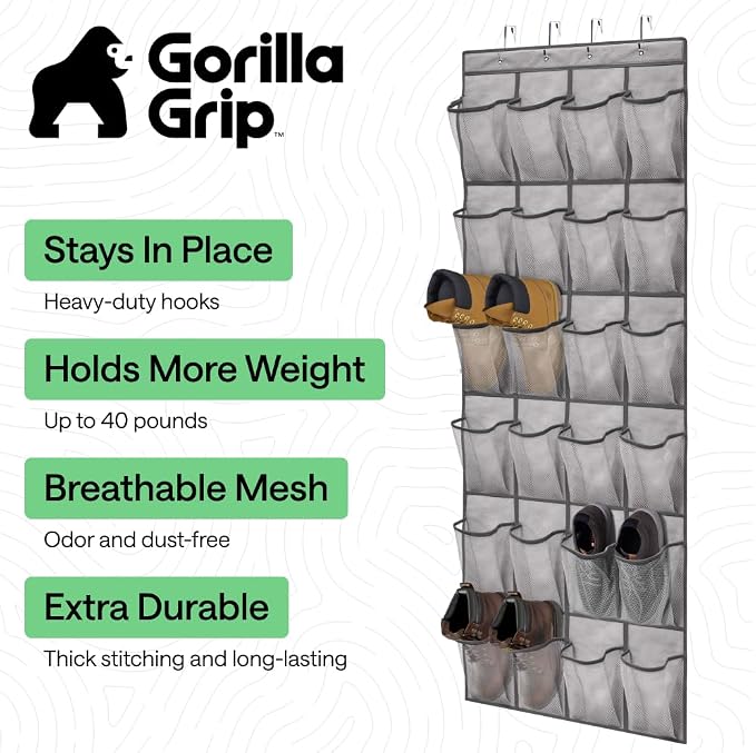 GORILLA GRIP Over the Door Shoe Organizer, 24 Extra Large Pockets, Gray | Breathable Mesh Pocket, Space Saving Hanging Storage Holder, Closet Rack Hanger for Shoes, Pantry and Bathroom Accessories - Image 2