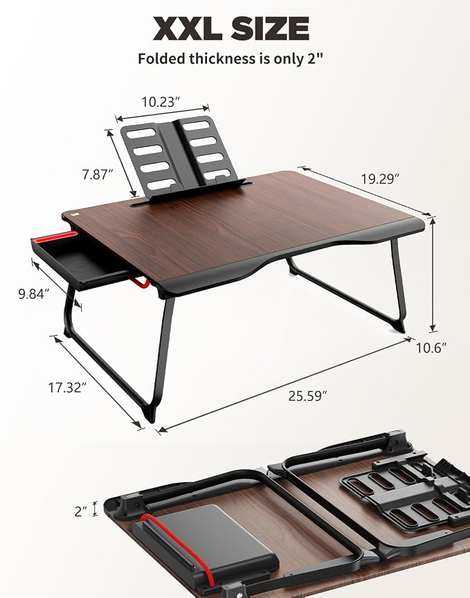 SAIJI Laptop Desk for Bed, XX-Large Foldable Bed Tray Table, 25.6" x 19.3" | Laptop Table for Eating Breakfast, Writing Working Gaming Drawing with Storage Drawer, Bookstand, Tablet Stand, Black Cherry - Image 7