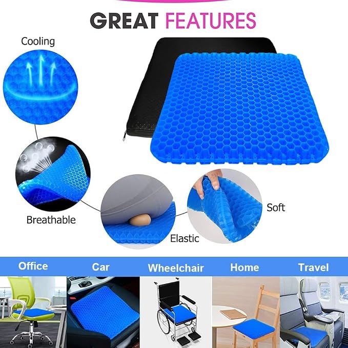 Gel Seat Cushion for Long Sitting, Extra Large Gel Cushion for Pain Relief | 17x17inch Large Office Seat Cushion, Breathable Wheelchair Cushion Chair Pads - Relieve Sciatica, Tailbone, Coccyx & Hip Pain - Image 4