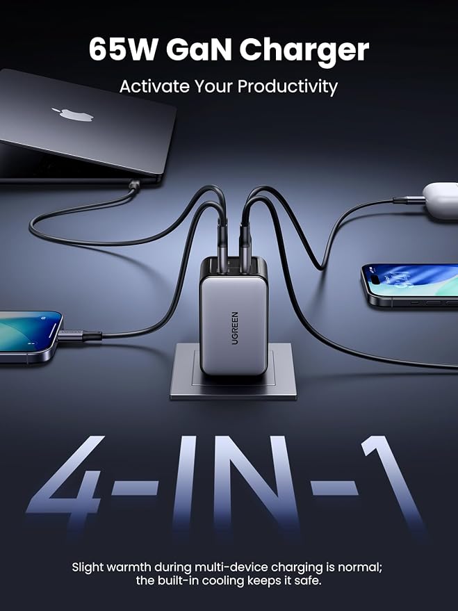 UGREEN Nexode 65W Wall Charger, 4-Port, GaN Fast Charging Block | 3 USB C & 1 USB A, Foldable Plug, Travel Essentials, for MacBook Pro/Air/Neo, iPhone 17/16, Galaxy S26/S25, iPad, Steam Deck - Image 3
