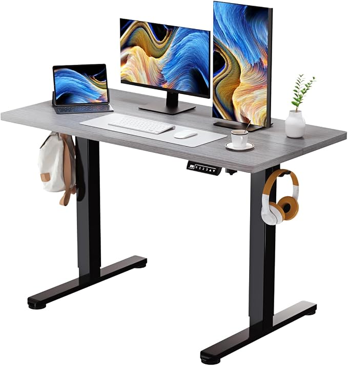 Electric Standing Desk, 48×24 Inch Home Office Desk, Grey | Sit Stand Desk with 2 Hooks, 3 Memory Height Settings, Adjustable Height Table with Splice Board for Study & Gaming by JYLHJOYSEEKER