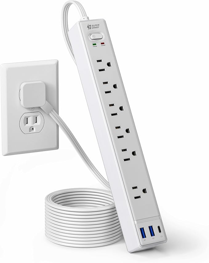 SUPERDANNY 6Ft Thin Extension Cord, Flat Plug Surge Protector Power Strip | Charging Station with 6 Outlets & 3 USB Ports, Wall Mountable Outlet Extender for Home, Office, College Dorm Room Essentials by SUPERDANNY