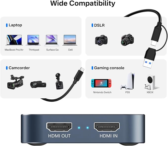 Capture Card for Nintendo Switch, 4K HDMI Capture, USB C 3.0 1080P 60FPS | Audio Video Recorder, low latency, streaming accessories, USB capture card for streaming/gaming, for PS5/Xbox/OBS/Camera/PC - Image 8