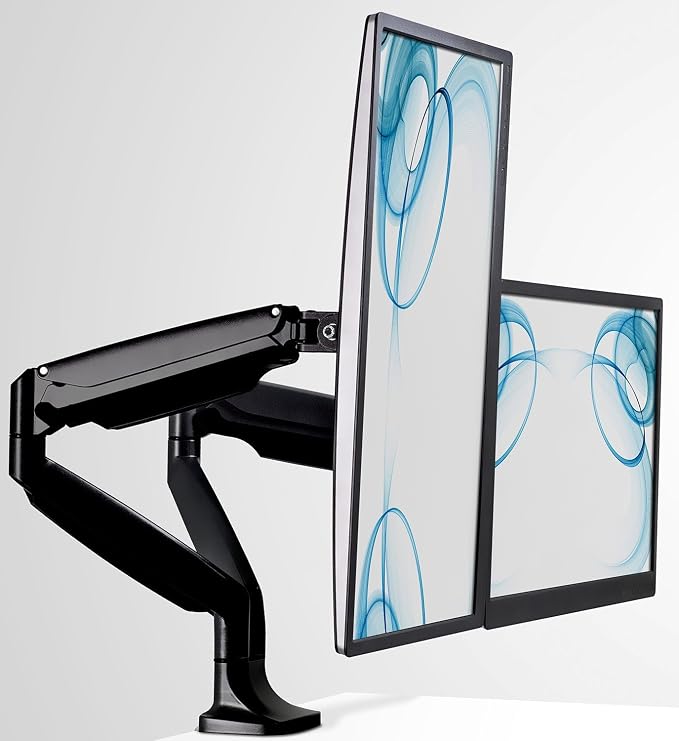 Mount-It! Dual Monitor Arm Mount | Desk Stand | Two Articulating Gas Spring Height Adjustable Arms | Fits 2 x 24 27 29 30 32 Inch VESA 75 100 Compatible Screens | C-Clamp and Grommet Bases (Black) by Mount-It