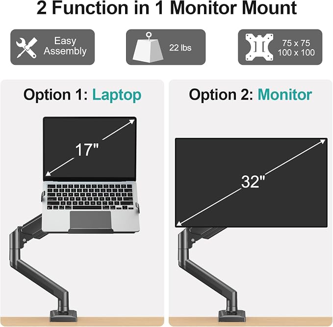 MOUNT PRO Laptop Arm Mount for Desk, 2 in 1 Function Monitor Laptop Stand, Fits Max 17" Notebook and 32" Computer Screen, Aluminum Single Monitor Holder with Adjustable Tray, Holds up to 22lbs - Image 2
