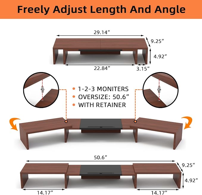 WESTREE Triple Monitor Stand Riser - Extra Long, Adjustable Length & Angle, 3 Shelf Desktop Storage for 1-3 Monitors - Image 6