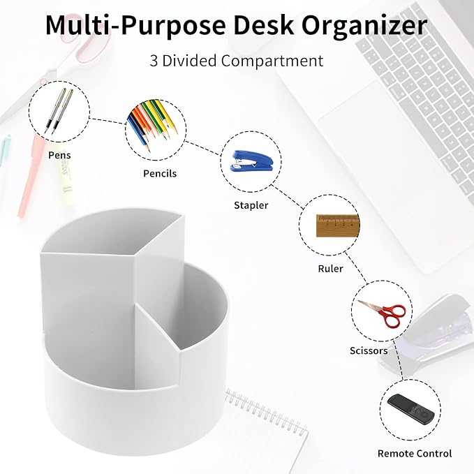 Desk Pencil Pen Holder, 3 Slots 360-Degree Spinning Organizers, Desktop Storage Stationery Supplies, Cute Cup Pot for Office, School, Art Supply, Kids - Gray - Image 3