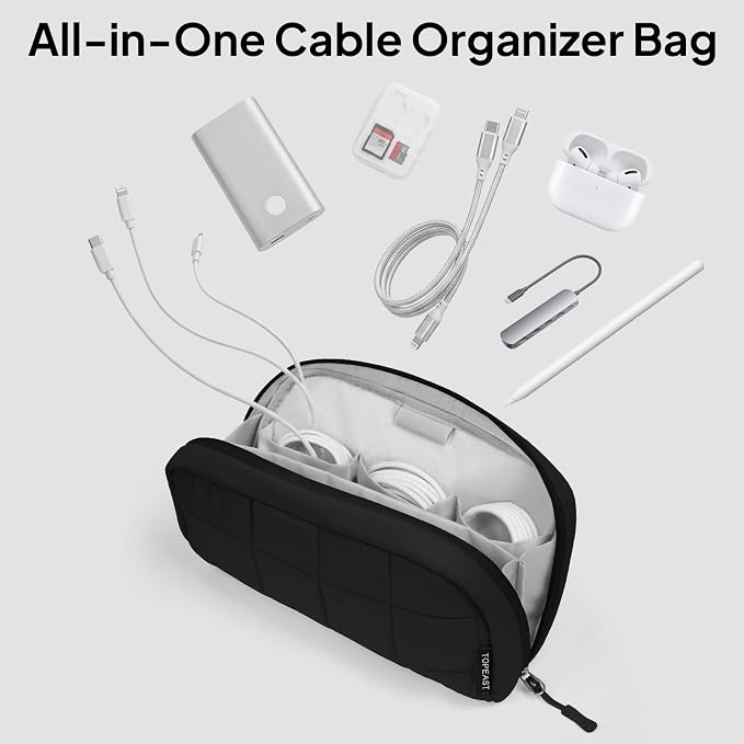 TOPEAST Quilted Cable Organizer Bag, Soft Tech Pouch & Travel Electronics Case with Elastic Pen Loop, Tangle-Free Cord Organizer for Women, Office Desk, AirPods, Chargers & Accessories, Black - Image 8