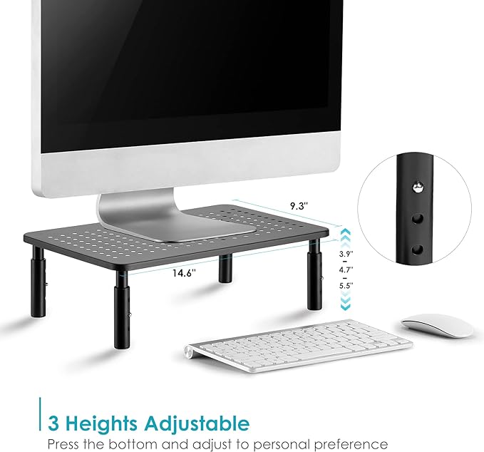 LOTEYIKE Monitor Riser Desktop Stand, Flat Screen TV Monitor Stand Riser, Sturdy Metal Laptop Computer Monitor Stand Shelf for Printer, iMac, 3 Height Adjustable PC Stand with Mesh Platform | 3 Height Adjustable PC Stand with Mesh Platform Sturdy Metal... - Image 2