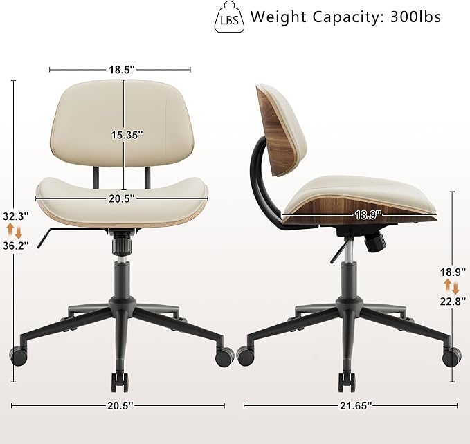 Armless Office Chair with Wheels, PU Leather Desk Chair, Beige | Adjustable Height Task Chair, 360° Swivel Ergonomic Computer Chair for Small Space, Modern Walnut Style, Home & Meeting Room - Image 2