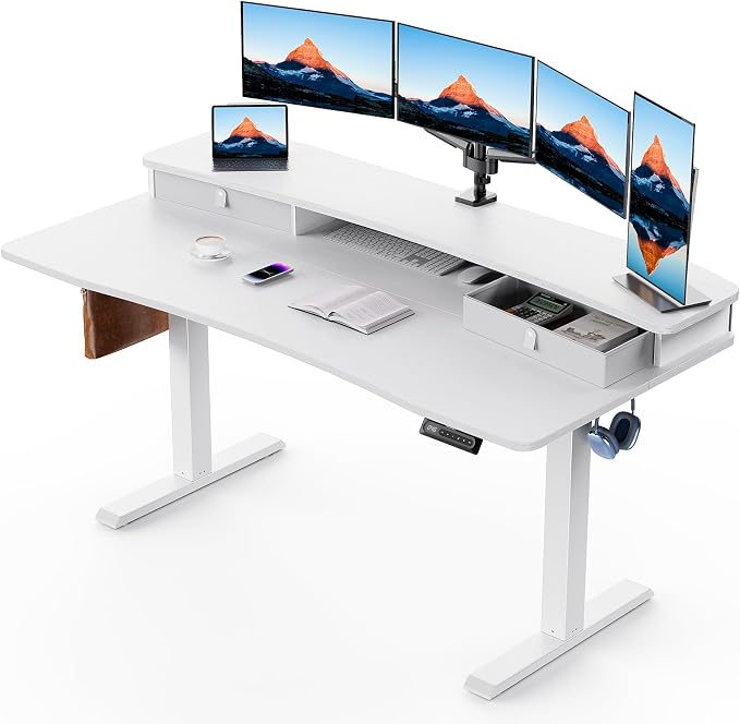HUANUO 60″ x 30″ Electric Standing Desk with 2 Drawers, C-Clamp Mount Compatible, Height Adjustable Computer Desk, Home Office Stand Up Desk with 4 Preset Heights & 2 Hooks, White by HUANUO