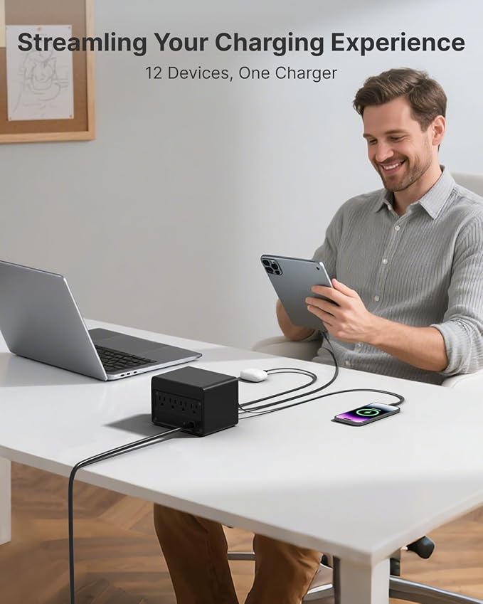 12-in-1 Desktop Charging Station with 3 Retractable Type-C Charger Blocks, 1 Micro Charger and 1 Lightning Charger, 4 USB C Ports, 160W Fast Charging Hub with 33.5in Cable for Multiple Devices - Image 4