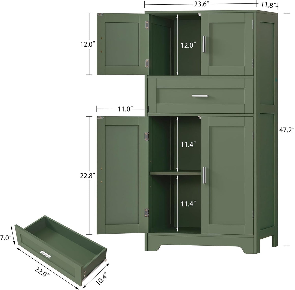 Bathroom Floor Storage Cabinet with Adjustable Shelf, Freestanding Storage Cabinet with 4 Doors, Cupboard for Living Room, Home Office, Entryway, Forest Green - Image 3