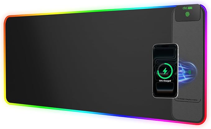 Wireless Charging Mouse Pad Gaming, 31.5"x11.8" Large Desk Mat, Waterproof | RGB Mousepad, Smooth Glide, Stitched Edge, Non-Slip Rubber Base, Desk Pad Computer Keyboard Mat, No Adapter by abcmat