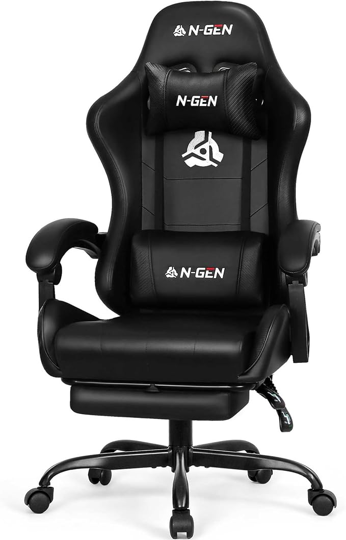 N-GEN GAMING Gaming Chair with Footrest, Lumbar, High-Back, Carbon Black | Reclining Backrest, Linkage Armrests, Durable PU Leather, Adjustable Comfort for Extended Computer, Desk, or Home Office Use by N-GENGAMING
