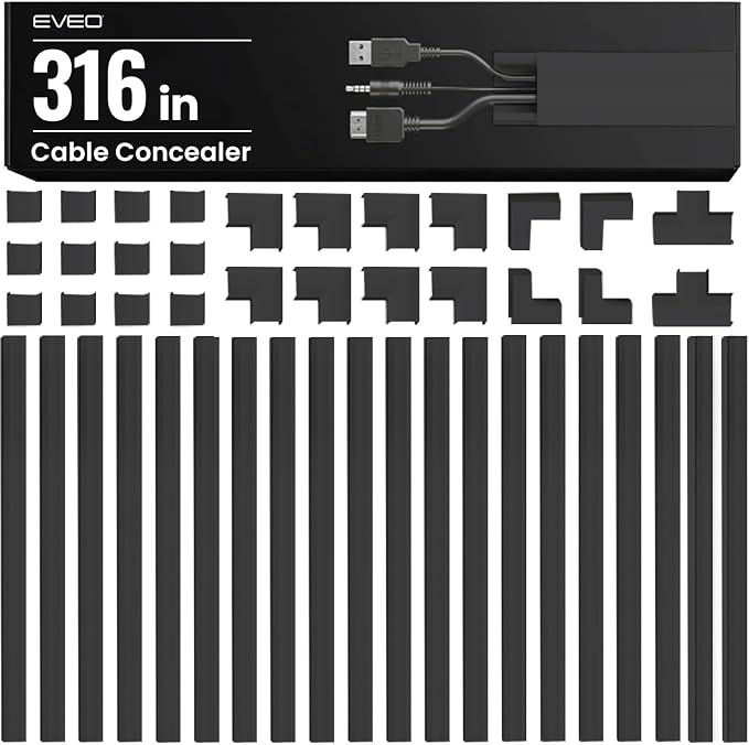 EVEO Cable Hider Wall 306” - Cable Raceway Cord Hider - Wire Covers for Cords on Wall, Cord Cover, Wall Cable Hider, Cable Concealer, Wire Hiders for TV on Wall - 20X (L16 W0.95 H0.5) - Medium | Black by EVEO