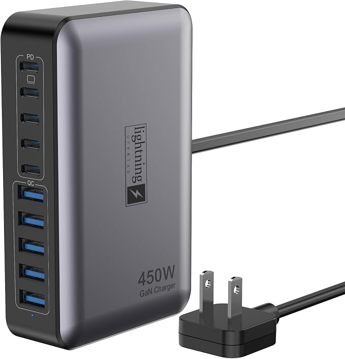 USB C Charger Block 10 Ports, 450W USB Charging Station for Multiple Devices, 5 Type C + 5 USB A GaN PD Charger Hub, Compact Power Brick Super Fast Charging for MacBook, Ipad, iPhone, Samsung by lightningofertas