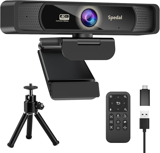 Spedal 4K Webcam with Tripod, Wide Angle 120° USB Webcam, Sony 1/2.8" Sensor, Dual Microphones, Remote Control, Auto Focus for Video Conferencing, Online Meetings, Streaming, Zoom & Teams | USB Webcam, 1/2.8", Dual Microphones, Auto Focus for Video Con... by Spedal