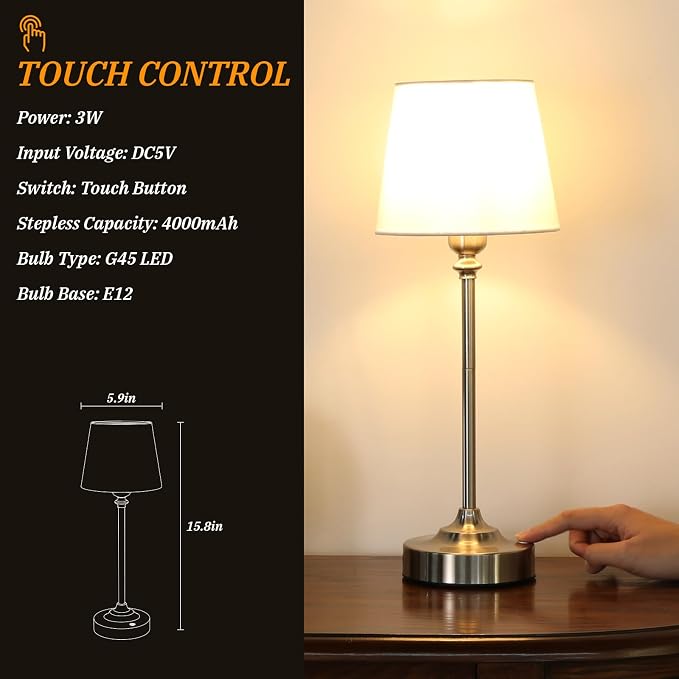Kakanuo Cordless Table Lamps Rechargeable Set - 2 Pack Silver 4000mAH Battery Operated Lamps for Decor, 3000K Stepless Dimming Touch Wireless Lamp for Bedroom, Dining Table, Living Room, White Shade - Image 5