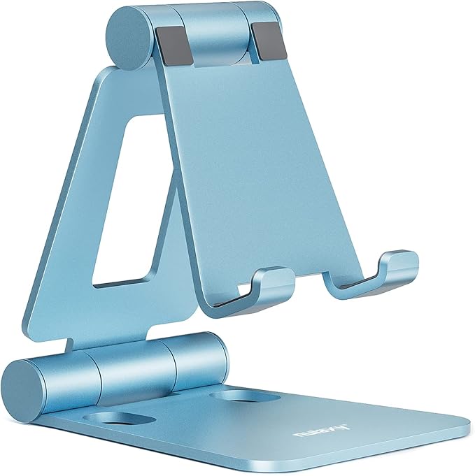 Nulaxy Full Aluminum Dual Folding Cell Phone Stand for Desk, Blue | Height Angle Adjustable, Portable, Anti-Slip Base, Fits 18mm Thick Case Smartphone, Nintendo Switch Desk Essential Accessory by Nulaxy