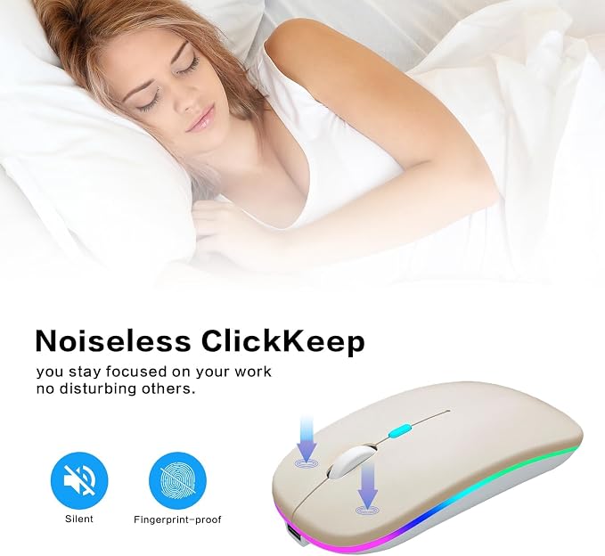 AIKOKOK Wireless Mouse, Bluetooth Mouse Rechargeable Dual Mode, Gold | BT 5.2 & 2.4G USB Receiver, 3 Adjustable DPI,LED Lights,Slim,Silent,Portable Computer Mouse for Laptop,PC,MacBook,iPad,Tablet - Image 7