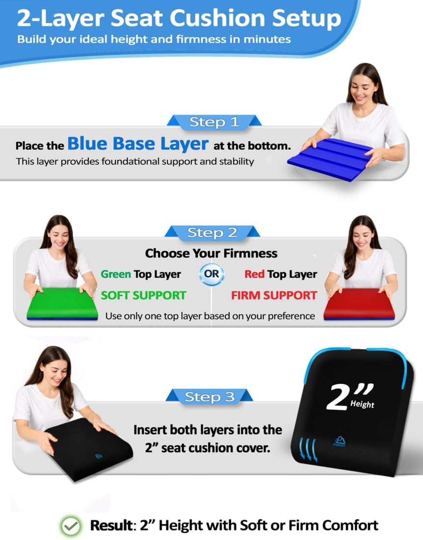 Adjustable Memory Foam Seat Cushion, Custom Height & Firmness, Ergonomic Office Chair Cushion for Coccyx, Sciatica & Tailbone Pain Relief, Car Seat & Wheelchair - Image 5