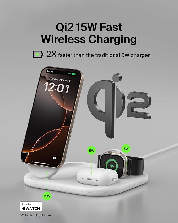 Belkin Qi2 Magnetic Wireless Charging Station, 3 in 1 Foldable Charger | MagSafe compatible, Apple Watch, AirPods, Qi2 certified, wireless charging station, travel stand - Image 2
