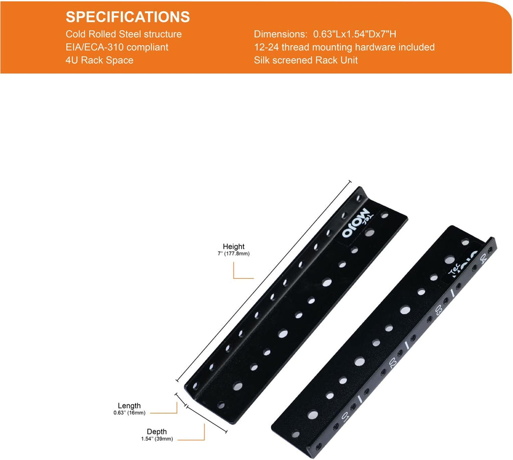 Tecmojo 4U Rack Rails with 12-24 Screws to Mount Equipment, Heavy Duty Steel Rack Rail Set, Black, Tapped Hole - Image 2