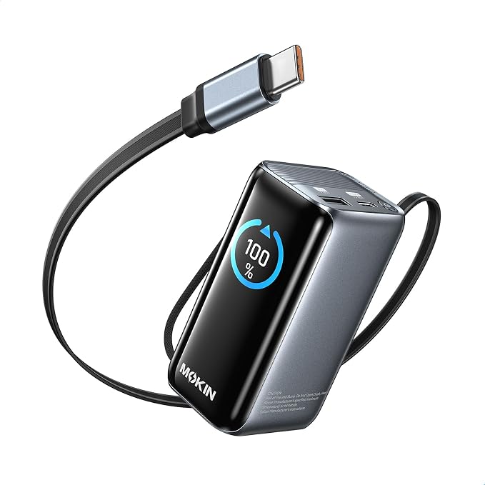 MOKiN Portable Charger 10000mAh, 45W PD Power Bank with Built-in Retractable USB-C Cable, Smart Display Battery Pack, Airline Travel Compliant Charger for iPhone 17/16/15, Samsung Galaxy, iPad & More by MOKiN