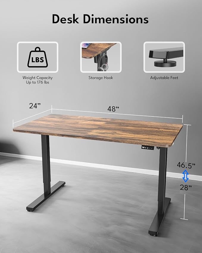 Electric Standing Desk, Gaming Desk, 48 x 24 Inch, Rustic Brown | Height Adjustable Computer Desk with Smart Controller, Sit and Stand Up Table for Home, Office, Work, Study, Writing - Image 2