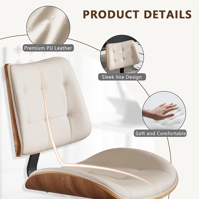 Home Office Desk Chair with Rubber Wheels, Armless Bentwood, Beige | Adjustable Height Armless Office Chair, PU Leather Mid Back 360°Small Computer Chair, No Arms Walnut Seating, 300LBS Support - Image 7