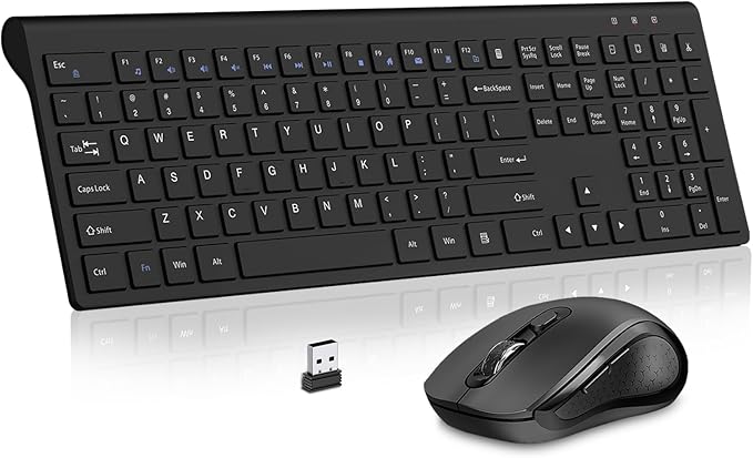 Wireless Keyboard and Mouse, Slim Full Size Keyboard with Calculator Button, Fn Lock, Silent Computer Mouse with Side Button, 2400 DPI, 2.4G USB Cordless Set for Laptop PC Windows Mac -Black by Acozykitten