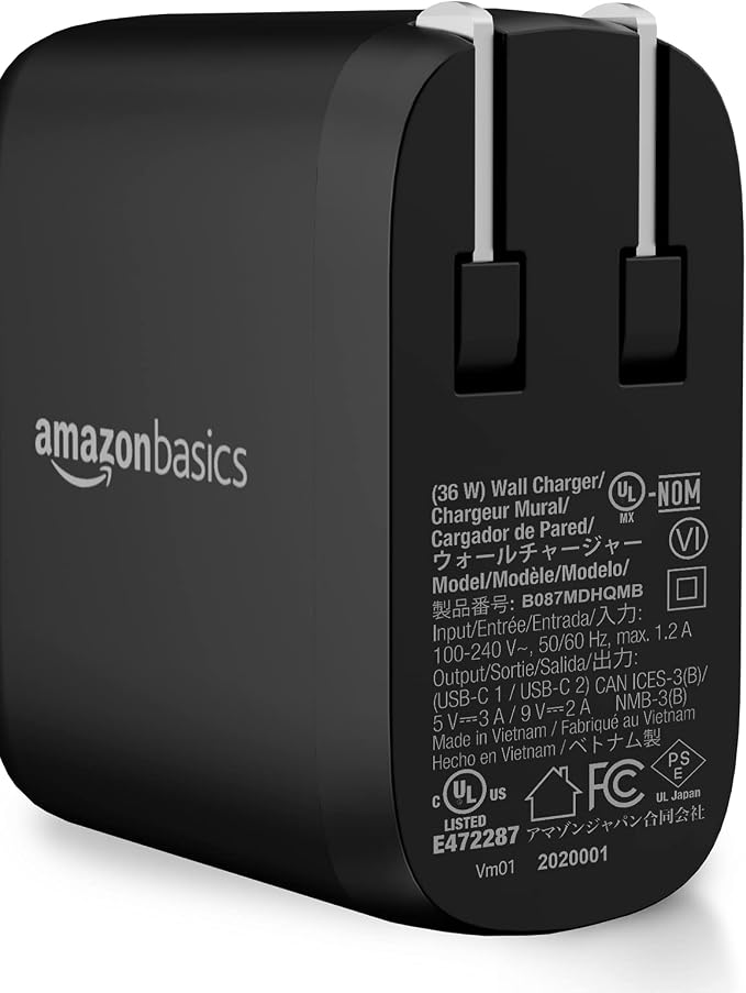 Amazon Basics 36W Dual Port USB-C Wall Charger with Power Delivery, Foldable Plug, for Tablets & Phones (iPhone 15/14/13/12/11/X, iPad, Samsung, and More), Non-PPS, 2.34 x 2.21 x 1.09 inches, Black - Image 2