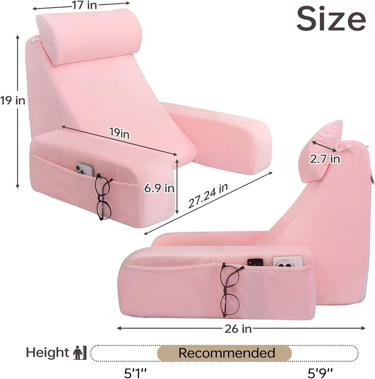 19" Reading Pillow for Bed with Firm Back Support & Big Pockets - Image 6