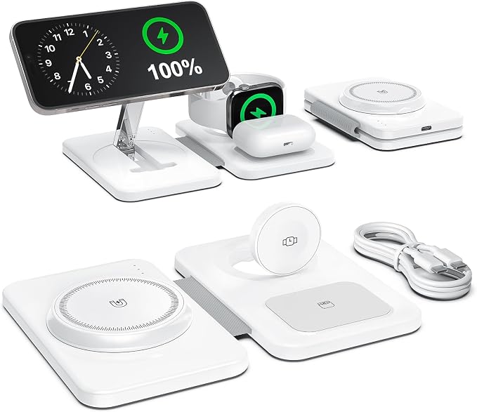 3 in 1 Magnetic Wireless Charger for Apple Multiple Devices, Foldable Fast Charging Station - Magsafe Charger Stand, Travel Charger Pad for iPhone 17 16 15 14 13 12 Series/Apple Watch/AirPods Pro | Magsafe Charger Stand for Multiple Devices, Travel Cha... by FastandSafeCharging